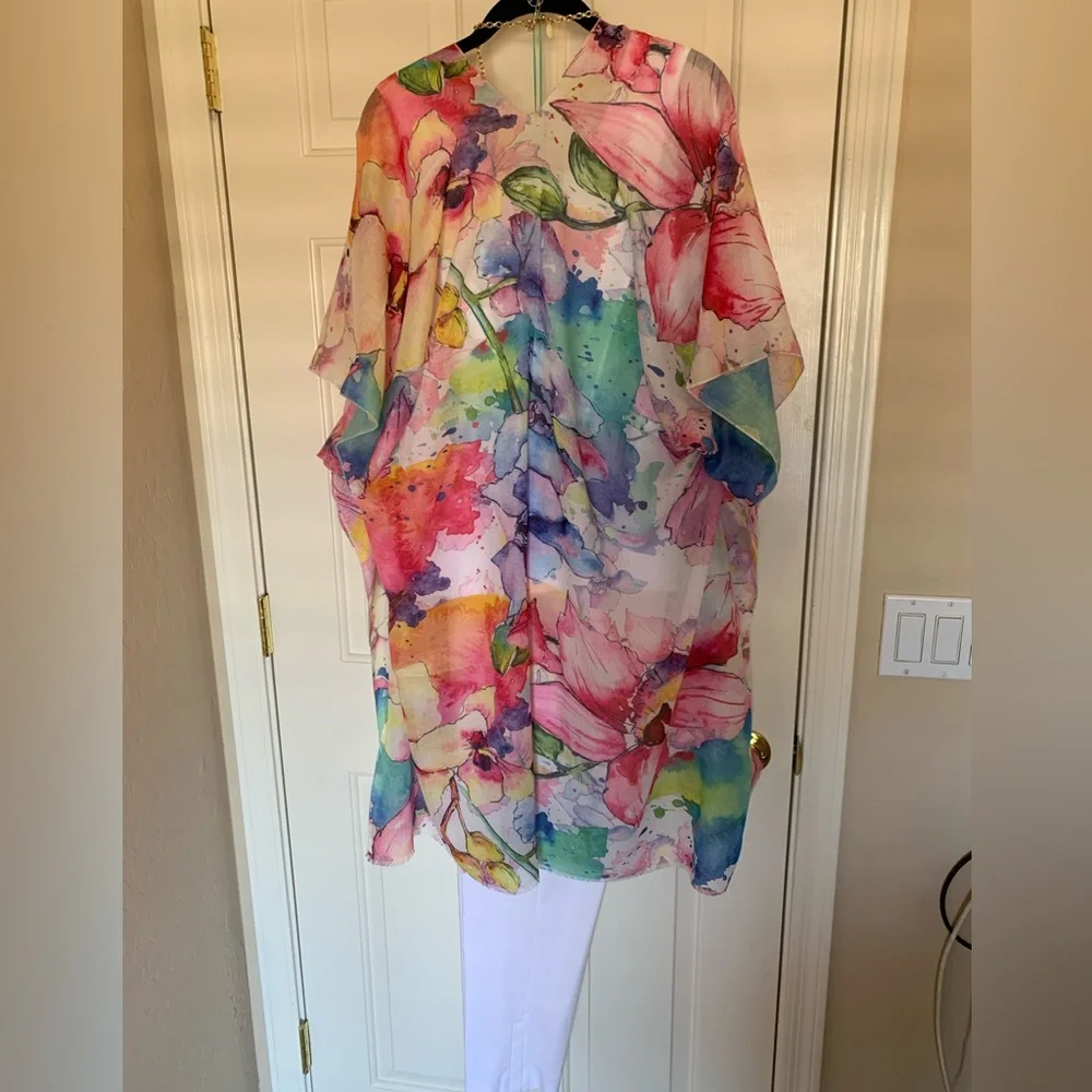 NWT Museum Art Ruana Rhuana Kimono Cover-Up OS “Watercolor Flowers” - Picture 4 of 10